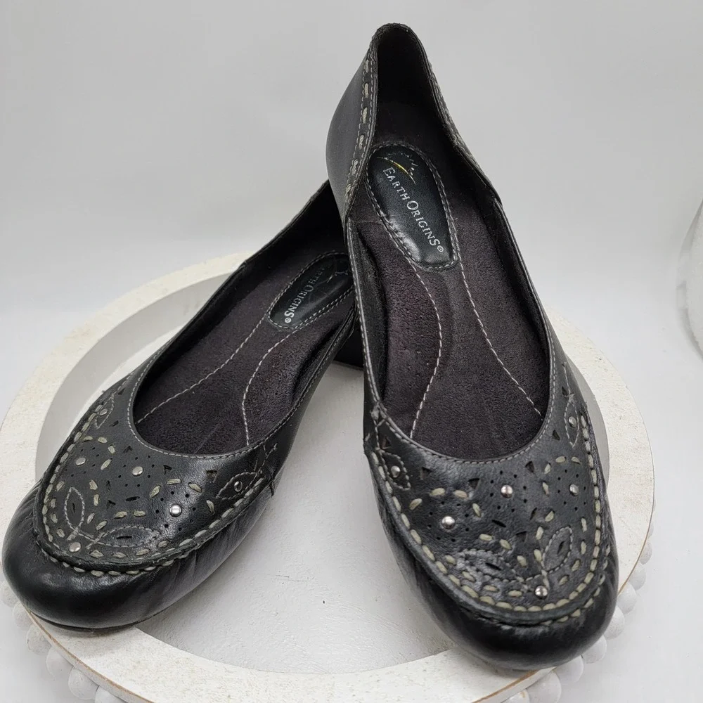 Earth Origins Shoes Womens Sz 6.5 Black Natalie2 Leather Slip-On Ballet Flats